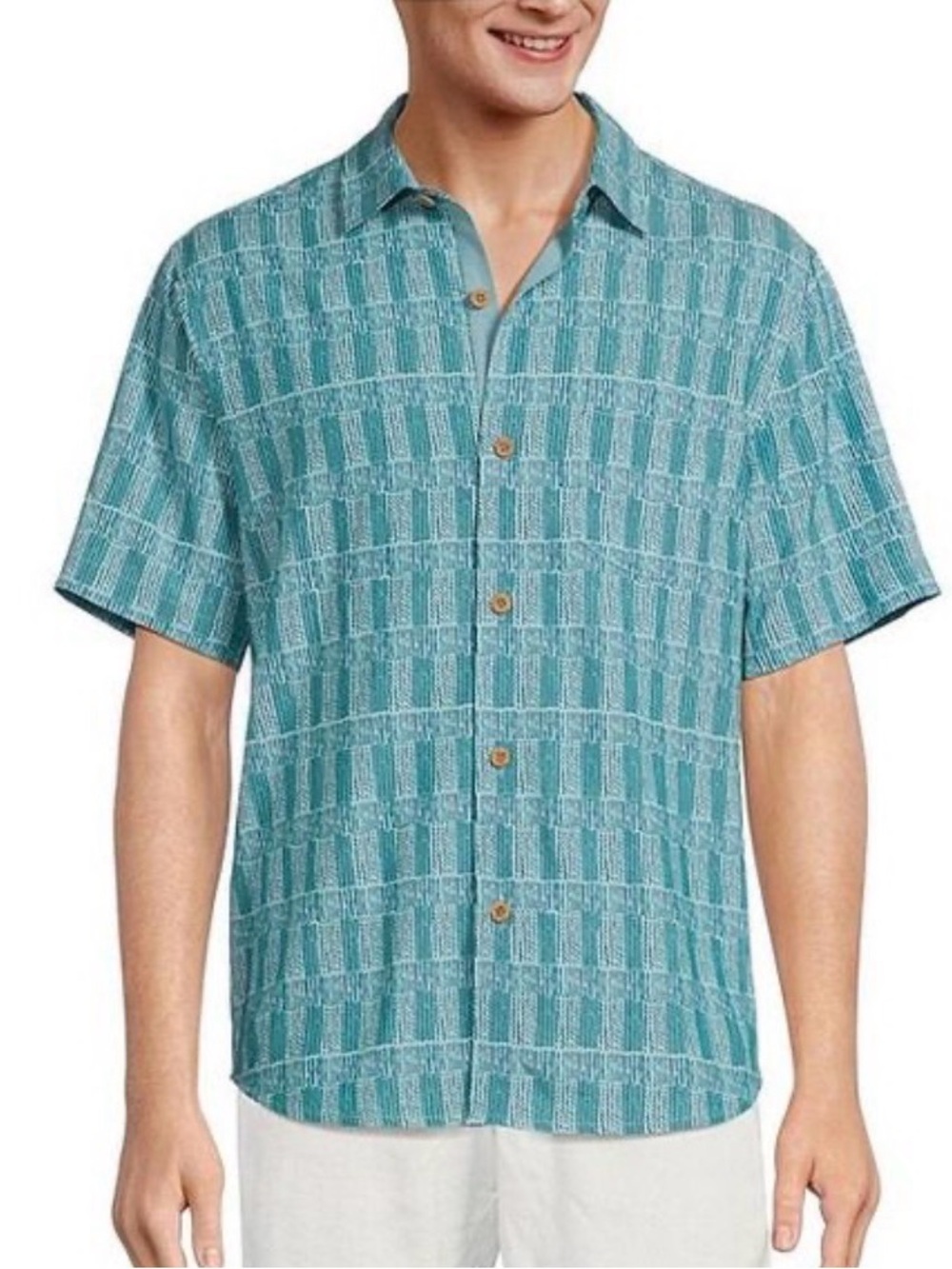 NWT Tommy Bahama Men's Short-Sleeve Button-Up Shirt in Teal Grid